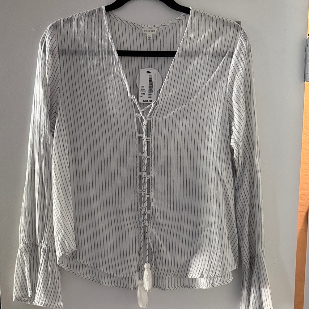 Lush Monochrome Striped Blouse with Front Tie